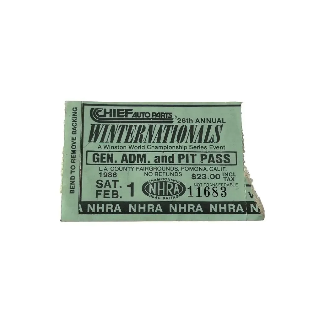 Vtg 1986 NHRA Gen Adm/Pit Pass Ticket Stub Winternationals Pomona LA Fairgrounds